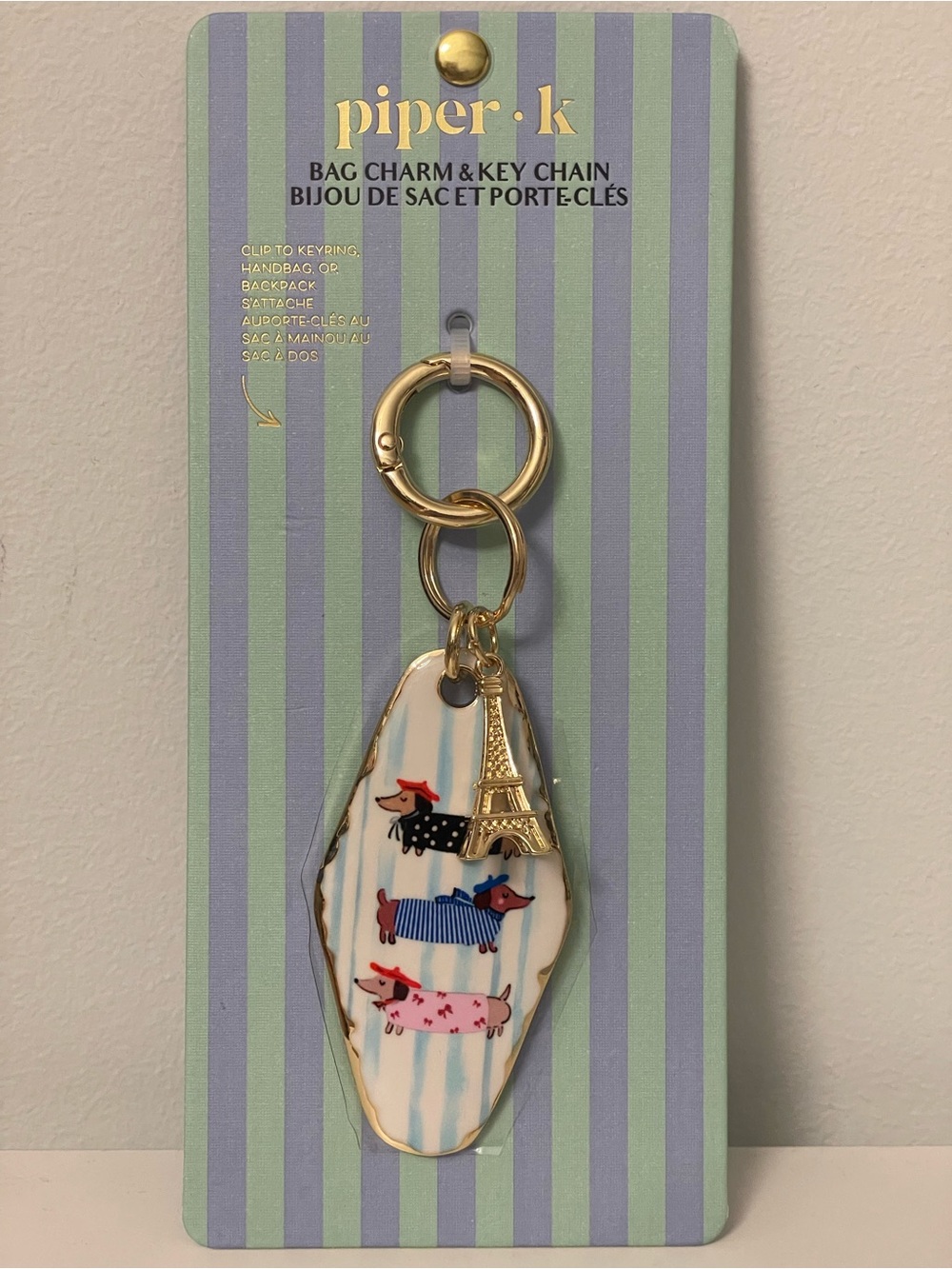 NWT piper•k Eiffel Tower Dachshund Bag Charm & Key Chain - Gold & Multi
